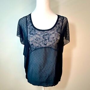 Free People Navy Sheer Lace Dot Top – Size S